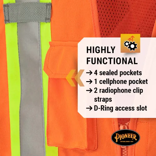 Miniatura 5 de Pioneer Chaleco de Seguridad de Malla Desmontable Hi Vis para Mujeres - Cinta Reflectante, 4 Bolsillos - Construcción, Tráfico, Seguridad - Naranja