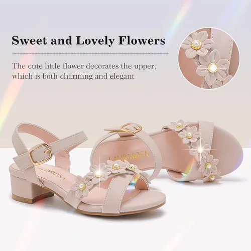 Miniatura 3 de LAURMOSA Sandalias para niñas, tacones para niños, puntera abierta, correa al tobillo, zapatos de vestir, flores para boda, fiesta para niños