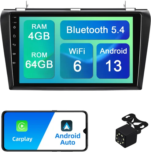 Miniatura 9 de 1+32G Android 13 Estéreo de Coche Doble DIN para Mazda 3 2004-2009 con Radio de Pantalla Táctil de 9 Pulgadas Integrado, Carplay Inalámbrico/Android