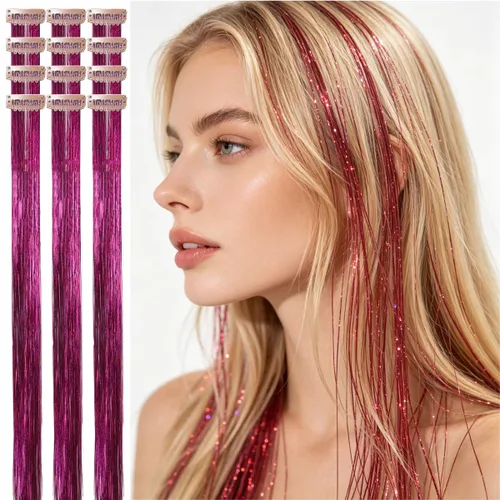 Miniatura 9 de Celinebella 6 extensiones de cabello con clip de mezcla de color rojo, plateado y azul, 6 unidades, resistentes al calor, para mujeres, 17-Azul