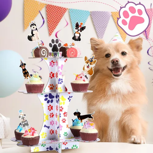 Miniatura 3 de Bokon Soporte de 3 niveles para cupcakes de perro y 24 piezas de decoración para cupcakes para perros, suministros de fiesta de cumpleaños