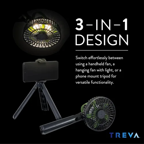 Miniatura 2 de Treva Ventilador de trípode de 5 pulgadas con luz incorporada y soporte de teléfono adjuntable, mini ventilador recargable de 3 velocidades