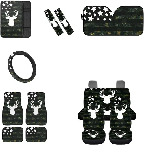 Miniatura 15 de Juego de 13 piezas de accesorios de automóvil de calavera con rosa roja, incluye fundas de asiento delantero y trasero, parabrisas de automóvil