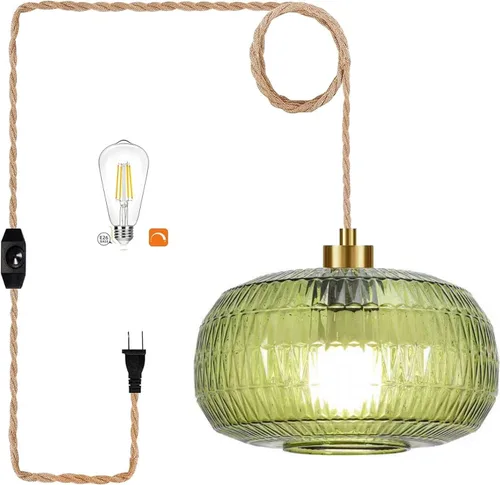 Miniatura 10 de Lámpara colgante de ratán para enchufar, con cable de enchufe, lámpara colgante de bambú regulable, tejida a mano estilo bohemio, pantalla