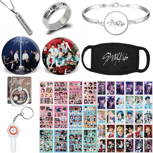 WGEEEY Kpop Stray Kids - Juego de regalos para niños tarjeta fotográfica para niños calcomanías pulsera protector facial anillos collar colgante pin