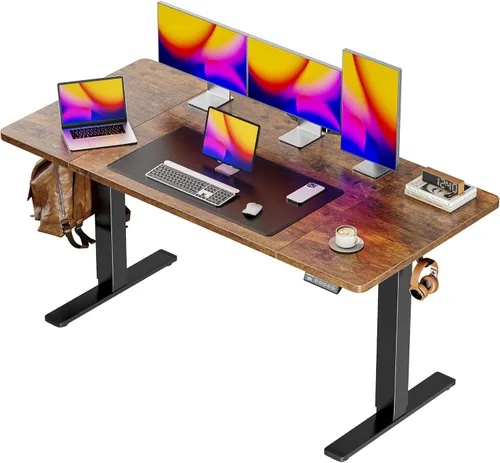 Huuger Escritorio eléctrico grande de pie de 55 x 28 pulgadas, escritorio de computadora de altura ajustable, escritorio de 27.6 pulgadas de Marrón
