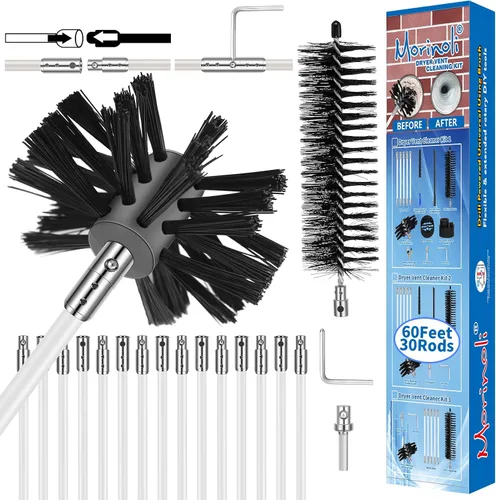 Kit de limpieza para salida de ventilación de secadora de 60 pies - Sistema de bloqueo con botón cromado, se extiende hasta 60 pies, quita pelusa,