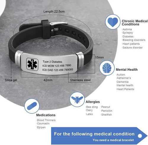 Miniatura 102 de OPALSTOCK Pulseras médicas personalizadas de silicona ajustable para identificación de emergencias, grabado gratuito, 9 pulgadas, resistente al