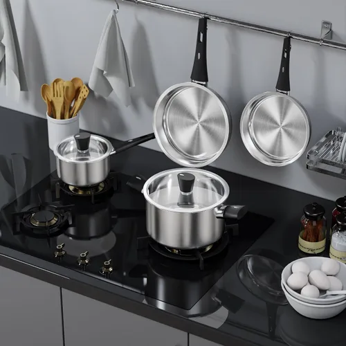 Miniatura 7 de Juego de ollas y sartenes de acero inoxidable de 6 piezas, juego de utensilios de cocina con asas que se mantienen frías, compatibles con gas