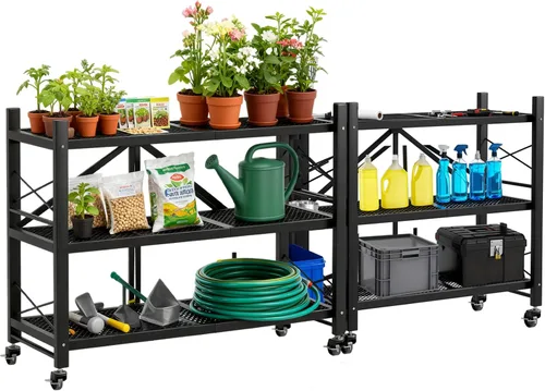 Miniatura 8 de Grezone Estantes plegables de 3 niveles de almacenamiento de metal resistente con ruedas – No se ensambla unidad de estantería plegable para cocina