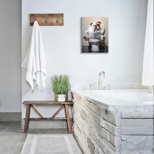Miniatura 3 de Arte de pared de baño para perro, divertido decoración de pared de baño, diseño de bulldog inodoro, lienzo impreso, pintura para decoración