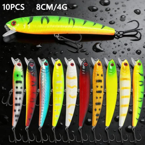Miniatura 6 de Juego de 43 señuelos de pesca de lubina, cebos duros Topwater, Minnow Crankbait, lápiz VIB Swimbait para lucio, ajuste de agua salada y agua dulce