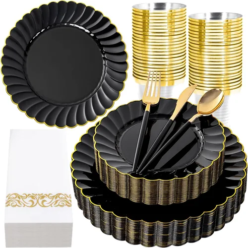Ciaell 175 platos de plástico festoneado negro con ribete dorado, cubiertos de plástico negro con asa, juegos de vajilla de alta gama para bodas y