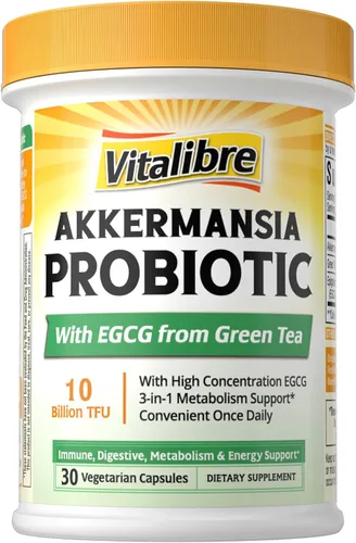 Vitalibre Akkermansia Probiótico 10 mil millones de TFU, con EGCG concentrado de extracto de té verde, suplemento GLP-1 para la salud intestinal,