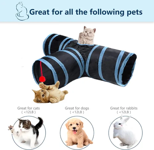 Miniatura 2 de Túnel para gatos, tubo plegable con 1 pelota de juego, 3 vías para gatos de interior, cachorros, gatitos, conejos