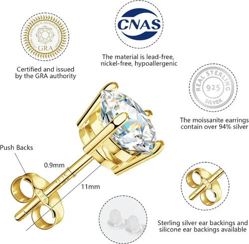 Miniatura 5 de BREN Aretes de moissanita de plata de ley S925 con diamantes de imitación de oro blanco de 18 quilates, aretes de moissanita para hombre, color D