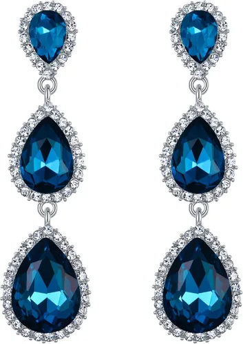 Miniatura 125 de EleQueen Pendientes de cristal austriaco en tono dorado para mujer, forma de pera de 2.5 pulgadas, color esmeralda