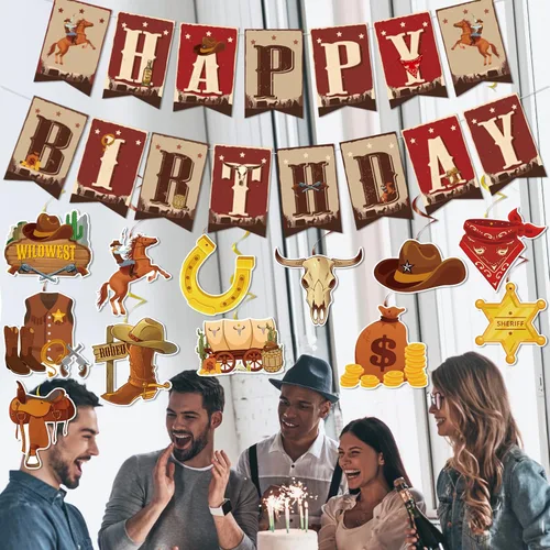Miniatura 6 de Decoraciones de fiesta de cumpleaños de vaquero occidental, 29 piezas de decoración de fiesta temática de vaquero, remolinos colgantes, serpentinas