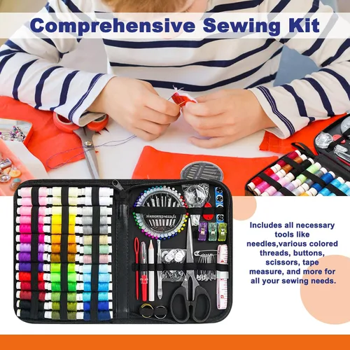 Miniatura 5 de JUNING Kit de costura con estuche negro, suministros de costura portátiles para el hogar, viajes, adultos, principiantes, emergencias, 42 hilos