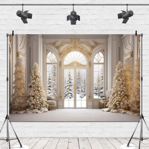 Miniatura 5 de Leowefowa Fondo de vinilo de 5 x 3 pies para fotografía de ventana de invierno, pino, bosque de nieve, copo de nieve de Navidad, fondo de ventana