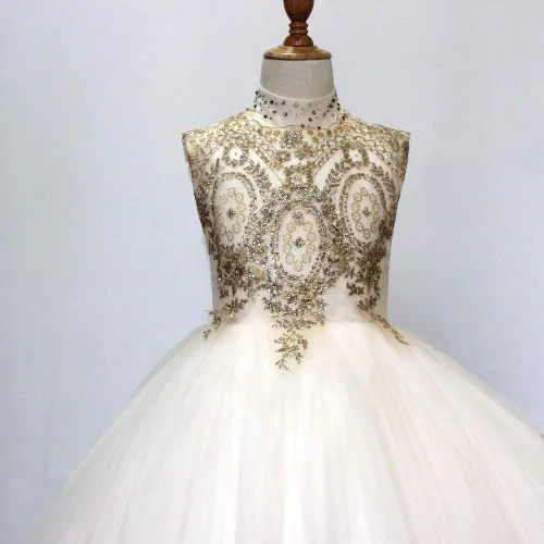 Miniatura 3 de Vestido de fiesta de tul de encaje dorado para niñas, vestido de baile largo hinchado