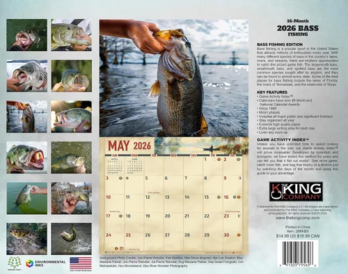 Miniatura 2 de Calendario de pared de pesca de lubina 2026, 16 meses, tamaño XL, 14 x 22, trofeo de agua dulce boca larga y lubina de boca pequeña, calendarios The