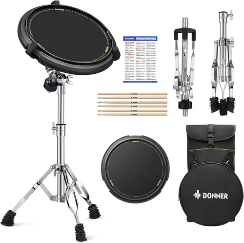 Miniatura 10 de Donner Kit de almohadilla de práctica de batería y soporte con almohadilla de marcha silenciosa de 12 pulgadas, baquetas, mochila, ajustable