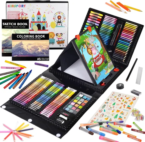 KINSPORY Kit de arte, 290 unidades de arte para manualidades, kit de colorear, caballete triple de doble cara, pasteles al óleo, crayones y lápices