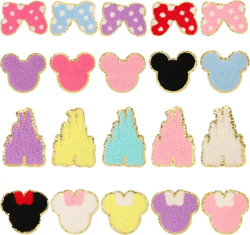 DREMISI - 20 parches bordados de chenilla con cabeza de ratón, parches bordados con lazo de castillo de ratón colorido con purpurina, parches