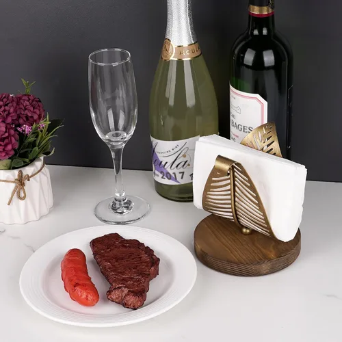 Miniatura 5 de Servilletero de hoja dorada para mesa de comedor, organizador de servilletas de papel de metal rústico con base de madera, soporte de mesa artístico