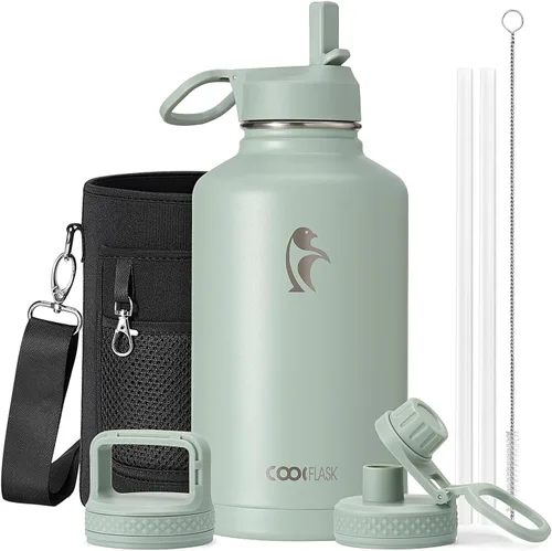 Miniatura 98 de Coolflask Botella de agua de 20 onzas aislada con pajilla, 3 tapas de metal de acero inoxidable, botella de agua de boca ancha para deportes u