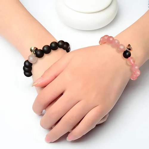 Miniatura 3 de 2 pulseras magnéticas para parejas, piedra natural negra mate, cristal para votos de amor eterno, juego de pulseras de cuentas de piedra de energía