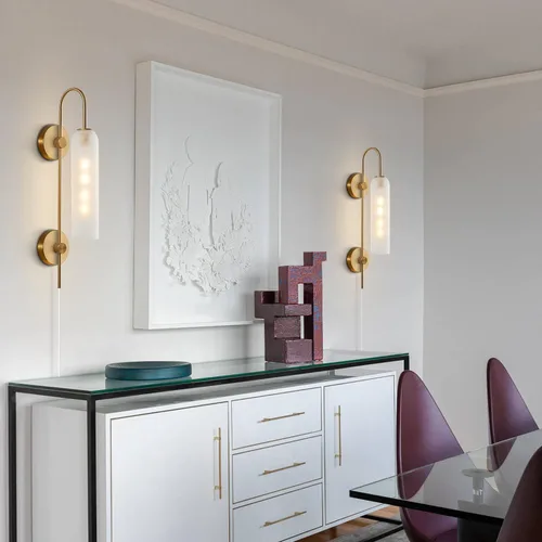 Miniatura 7 de BOKT Apliques de pared modernos de mediados de siglo con enchufe para interiores, largos, oro cepillado, vidrio blanco leche, apliques