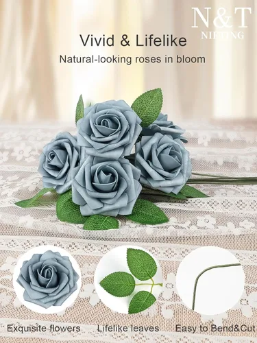 Miniatura 180 de N&T NIETING Flores artificiales, rosas artificiales de color rosa intenso, 50 piezas de flores falsas con tallo para ramos de boda DIY, centros