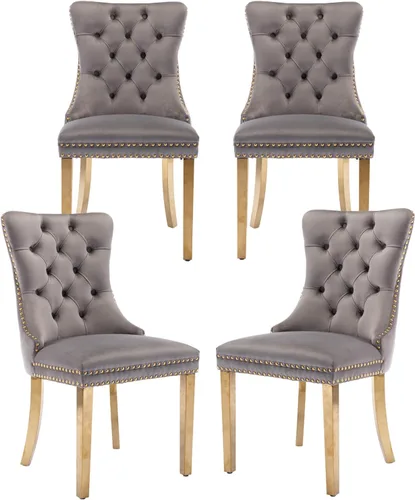 Miniatura 42 de Juego de 2 sillas de comedor, sillas de comedor tapizadas con tirador de anillo trasero, ribete de cabeza de clavo y patas de acero inoxidable Gris