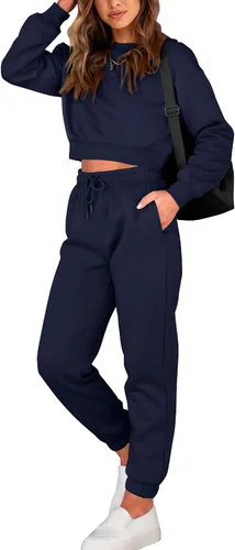 Miniatura 7 de BTFBM Conjunto deportivo de 2 piezas para mujer, camiseta corta de manga larga, sin botones, pantalón con cordón ajustable, pantalones deportivos