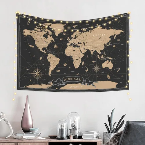 Miniatura 2 de MOUNDHONG Tapiz negro retro con mapa del mundo para colgar en la pared, tapiz de arte retro para pared, tapices de pared grandes para dormitorio
