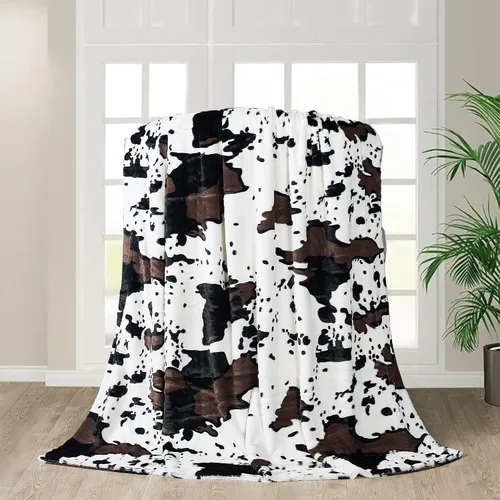 Miniatura 7 de Manta de felpa de piel sintética con estampado de vaca, 300 GSM, suave, occidental, de doble cara, color negro, blanco y marrón, manta ligera