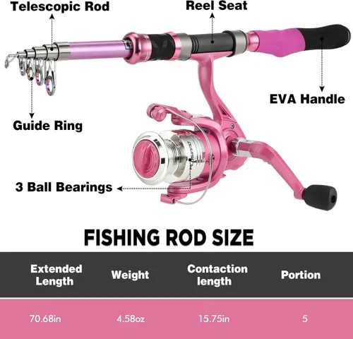 Miniatura 2 de Combos de caña de pescar y carrete, regalos de equipo de pesca para mujeres con carrete giratorio, señuelos, línea, kit de caña telescópica rosa