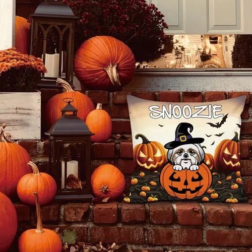 Miniatura 5 de Funda de almohada personalizada de Halloween, diseño de perro Golden Retriever, calabaza, cachorro inteligente, funda de cojín decorativa de lona 34