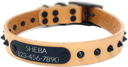 Miniatura 10 de Personalized Spiked Bridle Leather Dog Collar, Engraved Matte Black Metal Nameplate (Mustard Yellow)