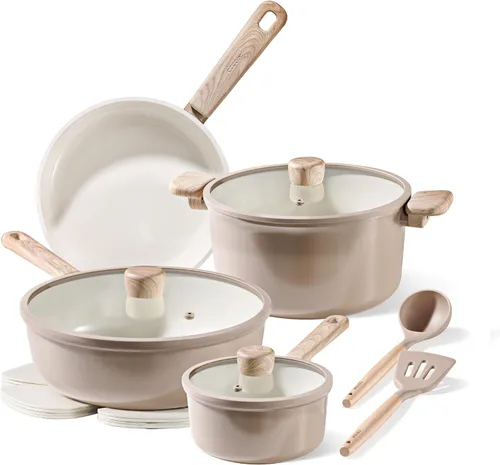 CAROTE Juego de 12 piezas de ollas y sartenes de cerámica antiadherentes, juego de utensilios de cocina saludables, sin PFAS/PFOA, juego de cocina