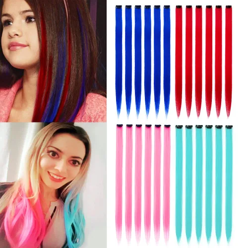 Miniatura 17 de 16 piezas de extensiones de cabello con clip de color púrpura, varios colores, para fiestas, clip en postizo sintético, para Halloween, cosplay