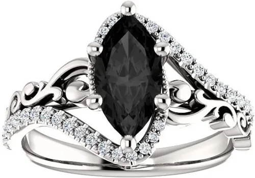 Miniatura 2 de Anillo de compromiso de marquesa de 1 CT de color negro, anillo de ónix negro marquesa de voluta, anillo de diamantes negros marquesa victoriana