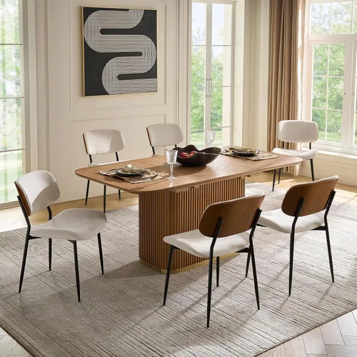 Miniatura 13 de HULALA HOME Juego de 2 sillas de comedor tapizadas modernas de mediados de siglo con respaldo curvado de madera, patas de metal negro, silla de cena