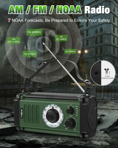 Miniatura 8 de Radio de emergencia 10000mAh/37000mWh, radio solar, radio de manivela, radio meteorológica NOAA AM FM, 4 métodos de carga, batería de polímero