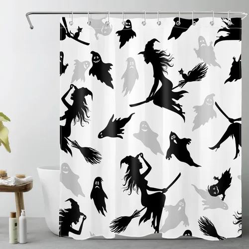 Miniatura 18 de LB Cortina de ducha espeluznante de Halloween, lindo fantasma en flores, árbol negro, luna llena, cortinas de ducha para baño, tela de poliéster