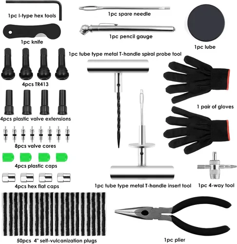 Miniatura 2 de Kit de reparación de neumáticos, kit de parches de neumáticos de 87 piezas con tapones para arreglar pinchazos y tapar llantas ponchadas