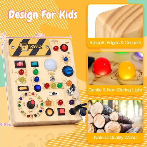 Miniatura 6 de Tablero de actividades con interruptores de luz LED, juguetes Montessori para niños de 1, 2, 3 años, tablero de actividades sensoriales de madera