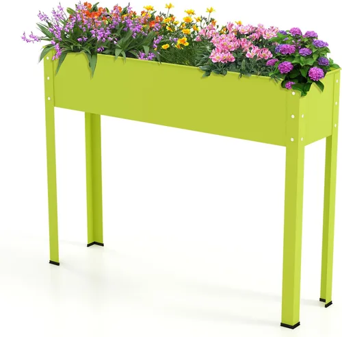 Miniatura 11 de HAPPYGRILL Cama de jardín elevada, maceta elevada de 18 pulgadas con patas, orificio de drenaje, diseño de dobladillo, caja de jardín de metal